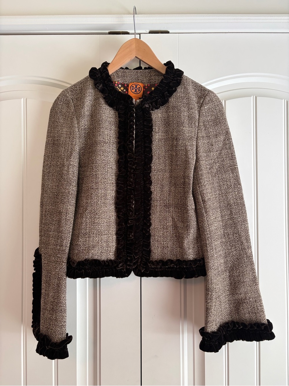 TORY BURCH Brown Tweed Ruffled Velvet Trimmed Collarless Jacket Women's Sz 6 EUC